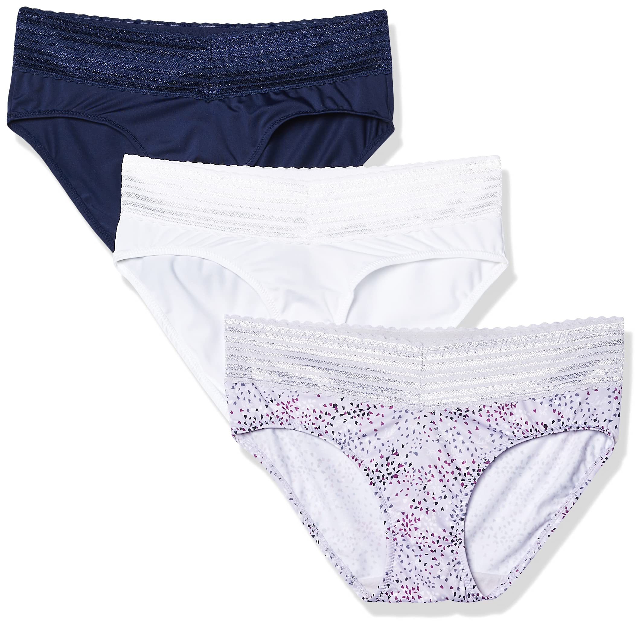 Warner's womens Blissful Benefits No Muffin 3 Pack Hipster Panties, Navy Ink/White/Lilac Petals Print, Small US